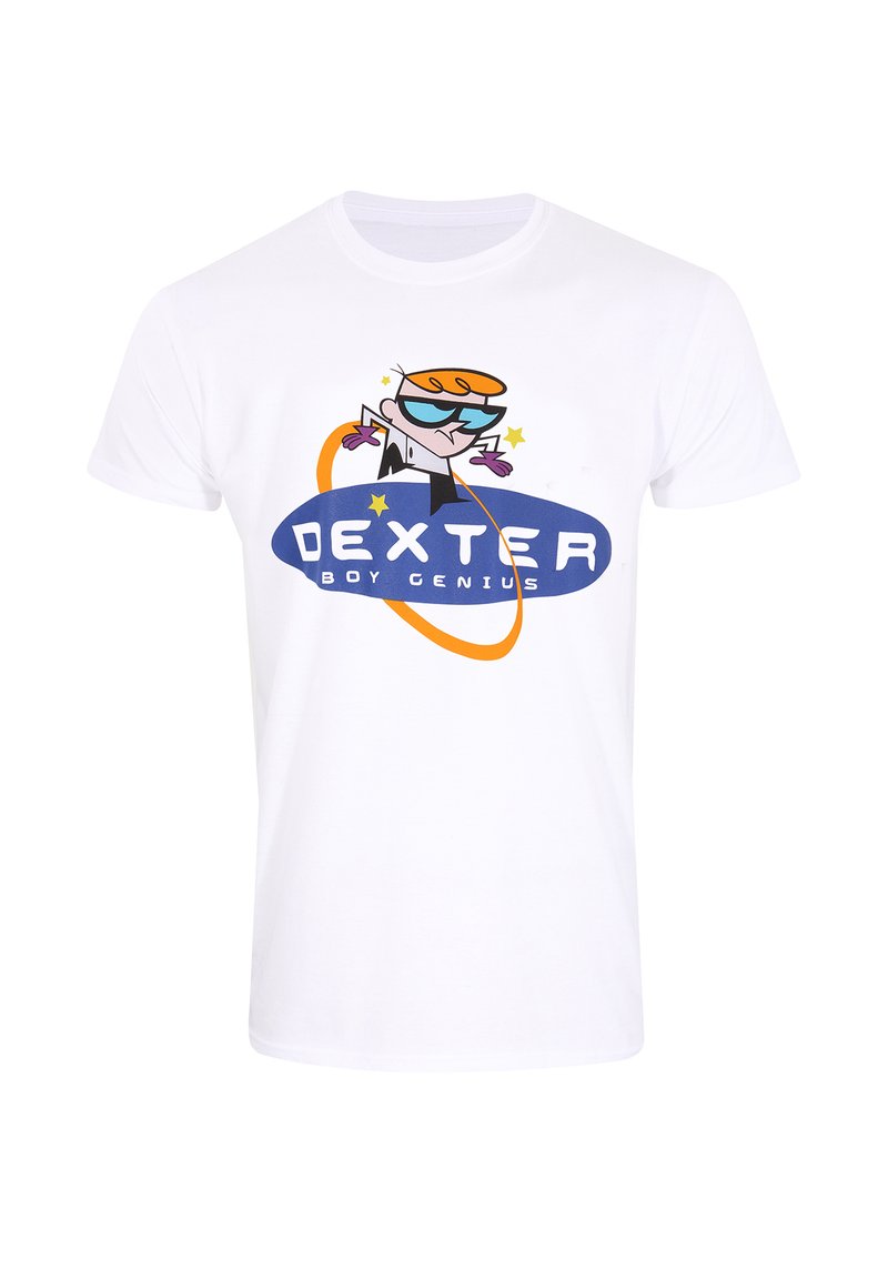 Hvid bomulds T-shirt med et grafisk motiv af en tegneseriefigur med orange hår, iført solbriller, og teksten "DEXTER BOY GENIUS" i blå.