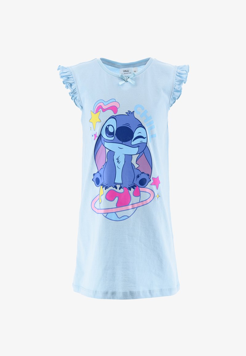 Jasnoniebieska bawełniana sukienka z falbaniastymi rękawami, z kolorową grafiką Stitcha oraz słowem "CHILL" w zabawnej typografii.