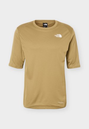 Herrens kurzärmeliges hellbraunes Performance-T-Shirt mit Rundhalsausschnitt, The North Face-Logo auf der Brust und LIGHTRANGE-Label in der Nähe des Saums.