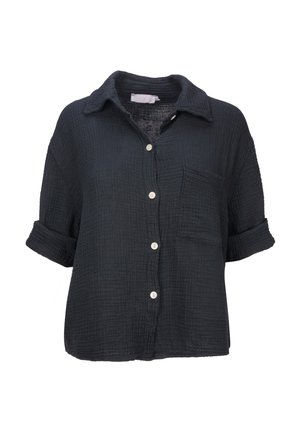 Dark navy button-up shirt made of a textured, crinkled fabric. Features a classic collar, short rolled sleeves, and a chest pocket.