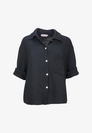 Dark navy button-up shirt made of a textured, crinkled fabric. Features a classic collar, short rolled sleeves, and a chest pocket.