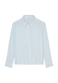 Helleblaue Langarm-Button-Down-Hemd mit klassischem Kragen, aus weichem Stoff. Verfügt über einen geraden Schnitt und weiße Knöpfe.