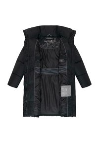 Black puffer jacket with a hood. Features a zip and button closure, silver accents, and a patterned interior. Includes branded label inside.