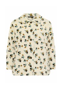 Kermainen fleecetakki kukkakuviolla, jossa on ruskeita ja teal-värisiä kukkia, kaulus ja viisi ruskeaa nappia edessä.