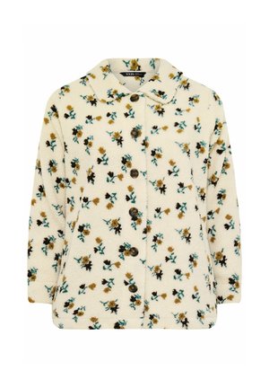 Fleecejacke mit floralem Muster in Creme, verziert mit braunen und türkisfarbenen Blumen, einem Kragen und fünf braunen Knöpfen auf der Vorderseite.