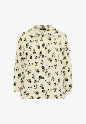 Ecru fleecejack met een bloemenpatroon, gekenmerkt door bruine en groenblauwe bloemen, een kraag en vijf bruine knopen aan de voorkant.