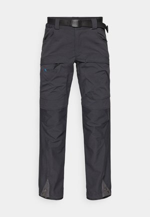 Pantaloni da esterno grigi scuri realizzati in materiale resistente, dotati di diverse tasche, vita regolabile e dettagli a pressione sui polsini.