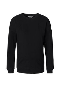 Czarna bluza z miękkiego materiału. Posiada okrągły dekolt, długie rękawy i ściągacze na końcach. Prosty design bez widocznych logo czy wzorów.