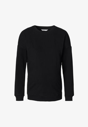Sweatshirt noir en tissu doux. Présente un col rond, des manches longues et des poignets côtelés. Design simple sans logos ni motifs visibles.