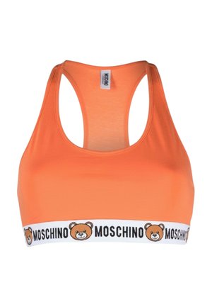 Reggiseno sportivo arancione con schiena a racerback e fascia elastica bianca con logo Moschino e facce di orsacchiotti.