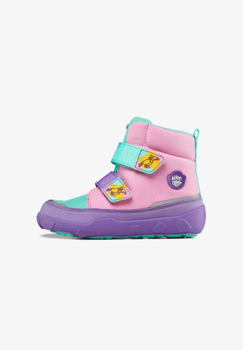 Stivaletti per bambini in rosa e turchese, con straps in velcro, motivi da cartone animato, design imbottito, suola viola e superfici testurizzate.