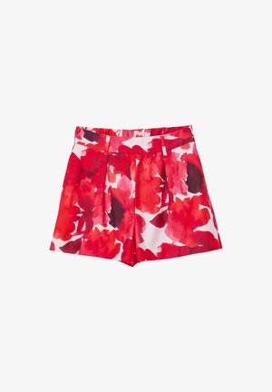 Shorts floreali rossi su sfondo bianco, con un design plissettato e una vita elastica per il massimo comfort. Tessuto dal tocco morbido.