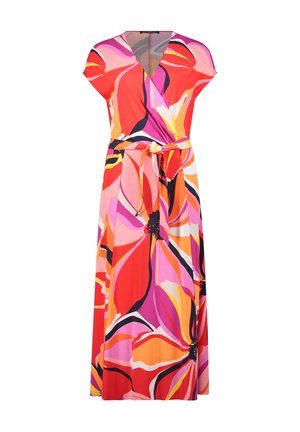 Maxi wrap dress with short sleeves, large pink, red, orange, and purple floral print, and a matching fabric belt at the waist.