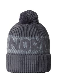 Berretto grigio a maglia con corpo testurizzato e pompon in cima. Presenta una fascia grigia chiara con la parola "NORTH" in lettere magliate in grassetto.