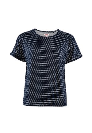 Navyblaues Kurzarm-Oberteil mit einem geometrischen weißen Muster aus miteinander verbundenen Sechsecken. Weicher Stoff, runder Halsausschnitt, lockere Passform.