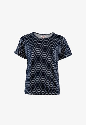 Navyblaues Kurzarm-Oberteil mit einem geometrischen weißen Muster aus miteinander verbundenen Sechsecken. Weicher Stoff, runder Halsausschnitt, lockere Passform.