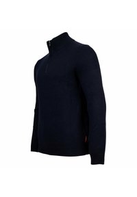 Maglione a maniche lunghe in maglia blu navy con colletto alto a coste e chiusura a mezza zip, mostrato su uno sfondo bianco.
