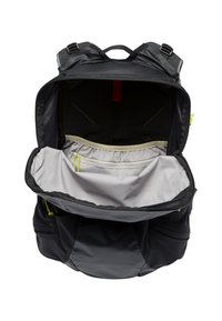 Zwarte rugzak met een grijze binnenkant, dubbele ritsen, net zijvakken, verstelbare schouderbanden en een handvat aan de bovenkant. Open en ruime ontwerp.