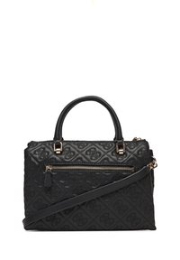 Borsa a mano in pelle nera con design trapuntato, hardware dorato, manici superiori e una tracolla staccabile. Presenta una tasca frontale con zip.