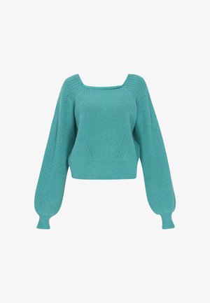 Pulover tricotat de culoare turquoise, cu guler pătrat, mâneci lungi tip balon, textură în dungi și talie ajustată. Fără modele sau accente vizibile.