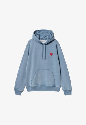 Hellblaues Hoodie aus Baumwollmischung; verfügt über eine Vordertasche, gerippte Bündchen und Saum sowie ein kleines rotes Herzdesign auf der Brust.