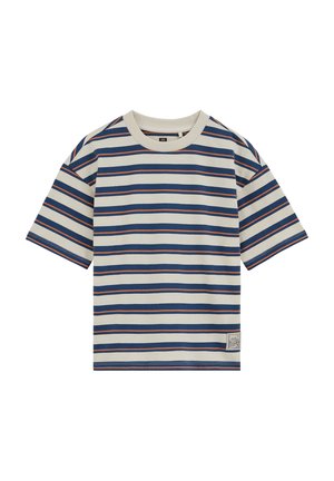 Lühikeste varrukatega ümara kaelusega t-särk, kreemika taustaga ning horisontaalsete tumesiniste ja õhukeste oranžide triipudega, väike silt ääre lähedal.