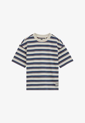 Lühikeste varrukatega ümara kaelusega t-särk, kreemika taustaga ning horisontaalsete tumesiniste ja õhukeste oranžide triipudega, väike silt ääre lähedal.