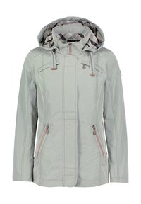 Light grey waterproof jacket with a hood, featuring a checkered inner lining, zippered side pockets, and contrasting stitching details.
