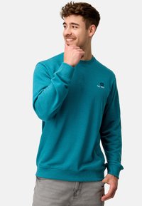 Teal sweatshirt med lange ærmer, ribbede manchetter og rund halsudskæring. Har et lille logo på brystet og er lavet af blødt stof.