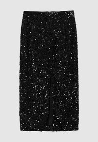 Schwarzer Paillettenrock mit geradem Schnitt, mittlerer Wadenlänge und zentralem Schlitz. Die Oberfläche ist mit glänzenden, reflektierenden Pailletten bedeckt.