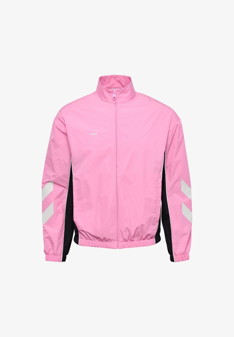 Light pink sports jacket with full front zipper, high collar, black side panels, elastic cuffs, and white chevron stripes on sleeves.