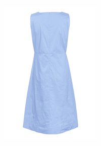 Sky blue sleeveless dress with a straight cut, rear zipper, and smooth texture. Simple design, knee-length with no additional patterns or accents.