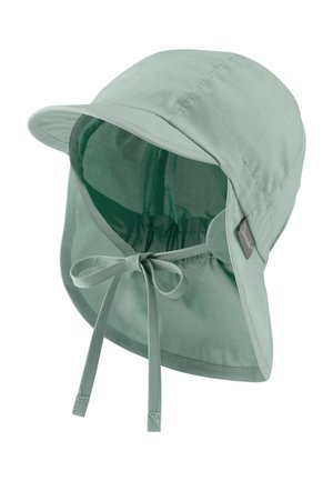 Grüner Bucket Hat mit breiter Krempe, aus leichtem Stoff gefertigt. Verfügt über eine Kinnbindung und ein elastisches Band für einen sicheren Sitz.