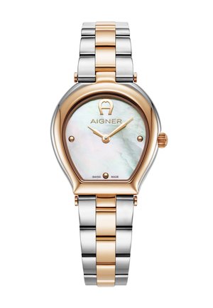 Orologio al quarzo con cinturino in acciaio inossidabile argento e oro rosa, cassa a goccia e quadrante perlaceo con il logo AIGNER.