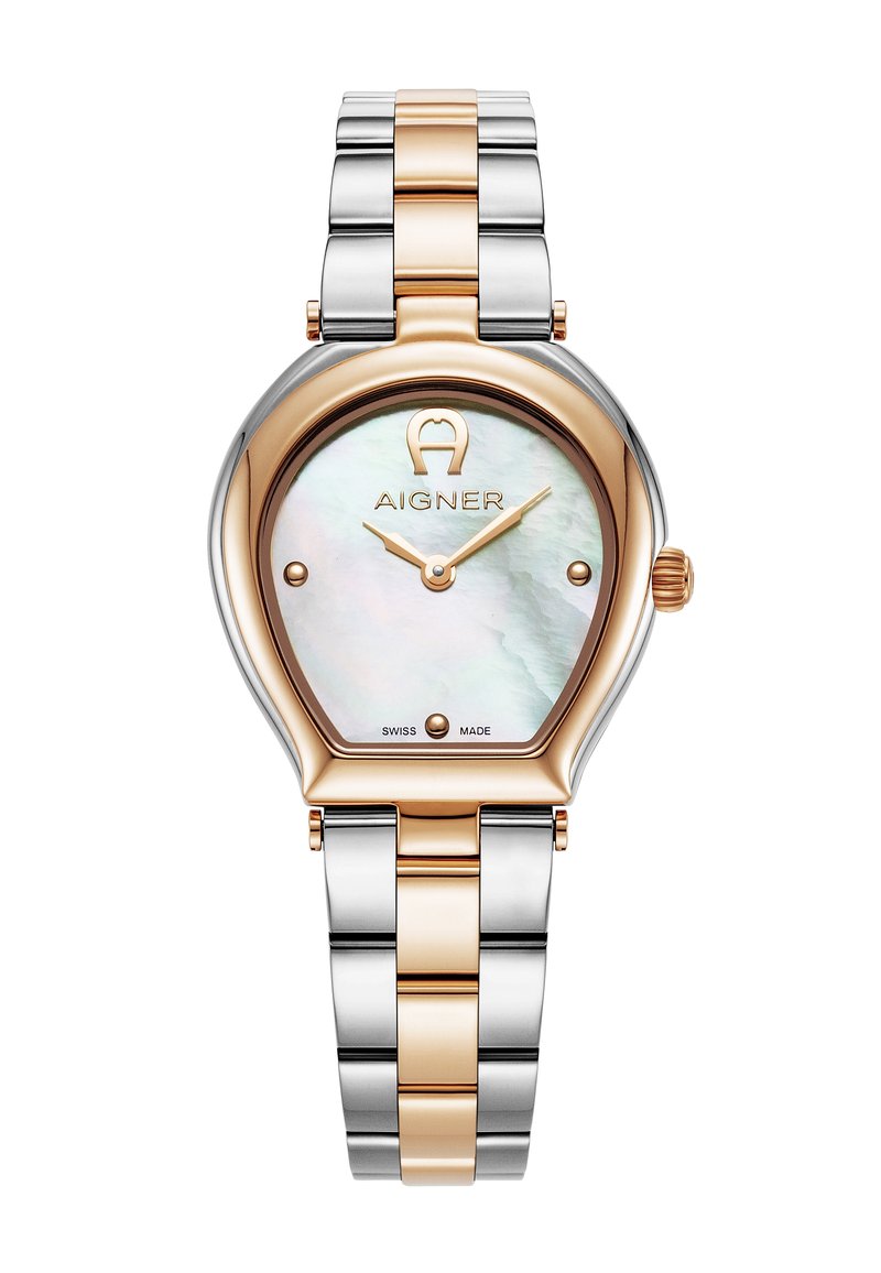 Reloj de cuarzo con una correa de acero inoxidable plateado y rosa oro, caja en forma de gota y esfera perlada que presenta el logo de AIGNER.