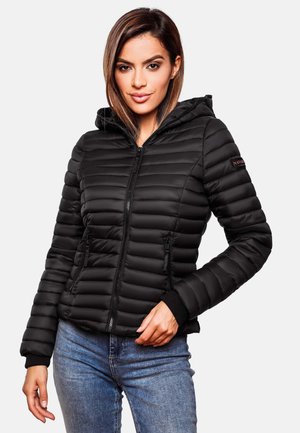 Black puffer jacket with a hood, featuring horizontal quilted design, front zip closure, and side pockets. Ribbed cuffs and subtle branding.