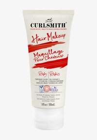 Curlsmith Hair Makeup in Ruby, een tube van 3 fl oz. Kenmerkt zich door een crèmige formule met een soepele textuur, op een witte achtergrond met gedurfde rode accenten.