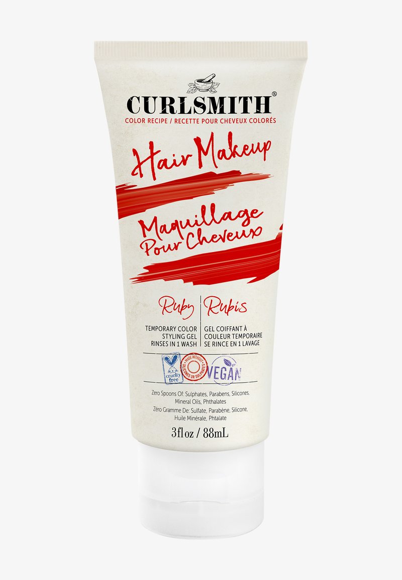 Curlsmith Hair Makeup in Ruby, een tube van 3 fl oz. Kenmerkt zich door een crèmige formule met een soepele textuur, op een witte achtergrond met gedurfde rode accenten.