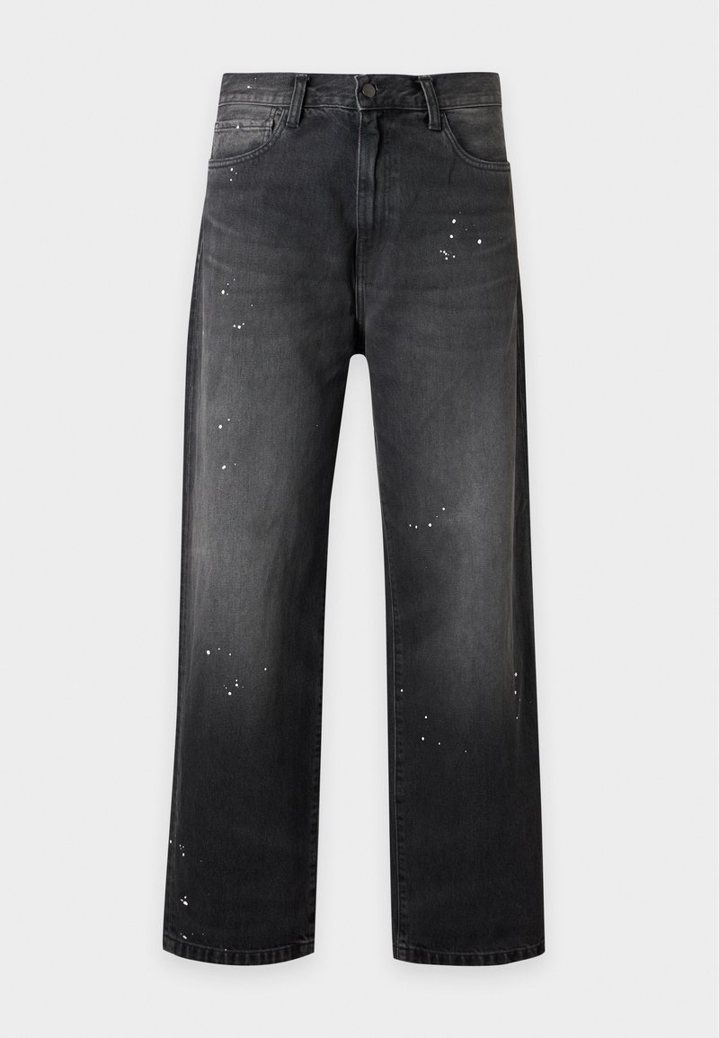 Black straight-leg jeans with button and zipper closure, front pockets, and white paint splatter details.