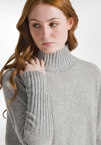 Hellgrauer Rollkragenpullover mit geripptem Muster am Kragen und den Bündchen, aus einem weichen Material, figurnahem Design und dezenter Schattierung.