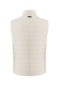 Light beige sleeveless jacket with a high collar, featuring horizontal quilted pattern and a slight sheen. Back view highlights clean lines.
