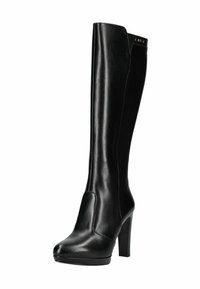 Stivale alto in pelle nera con tacco alto e chunky e suola a piattaforma, con una parte anteriore liscia e un pannello posteriore in suede che arriva all'altezza del ginocchio.