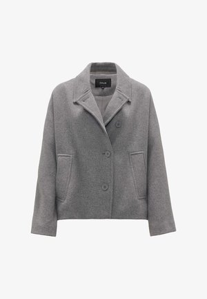 Gray wool blend double-breasted jacket with wide collar, three buttons, two front pockets, and long sleeves.