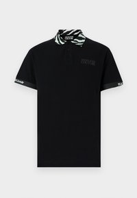 Black polo shirt in cotton with a zebra-patterned collar, featuring subtle logo on chest and contrasting accents on sleeves.