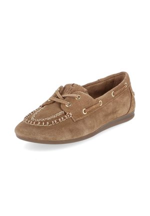 Brauner Mokassin-Schuh aus Wildleder mit weißen Zierstichen und Schnürsenkeln, mit flacher Gummisohle.