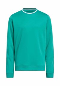 Sudadera de manga larga en color turquesa con cuello redondo, que presenta un ribete blanco acanalado en el cuello y puños acanalados. Tela suave y ligera.