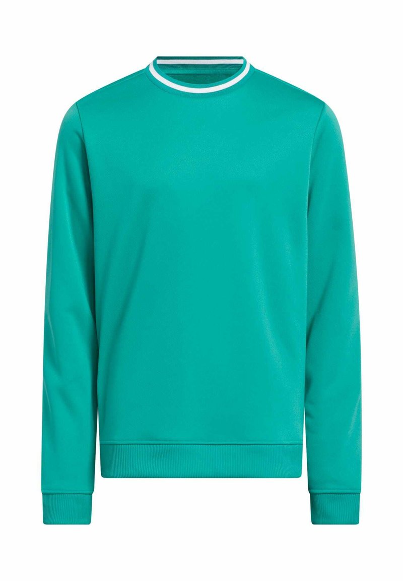Sudadera de manga larga en color turquesa con cuello redondo, que presenta un ribete blanco acanalado en el cuello y puños acanalados. Tela suave y ligera.
