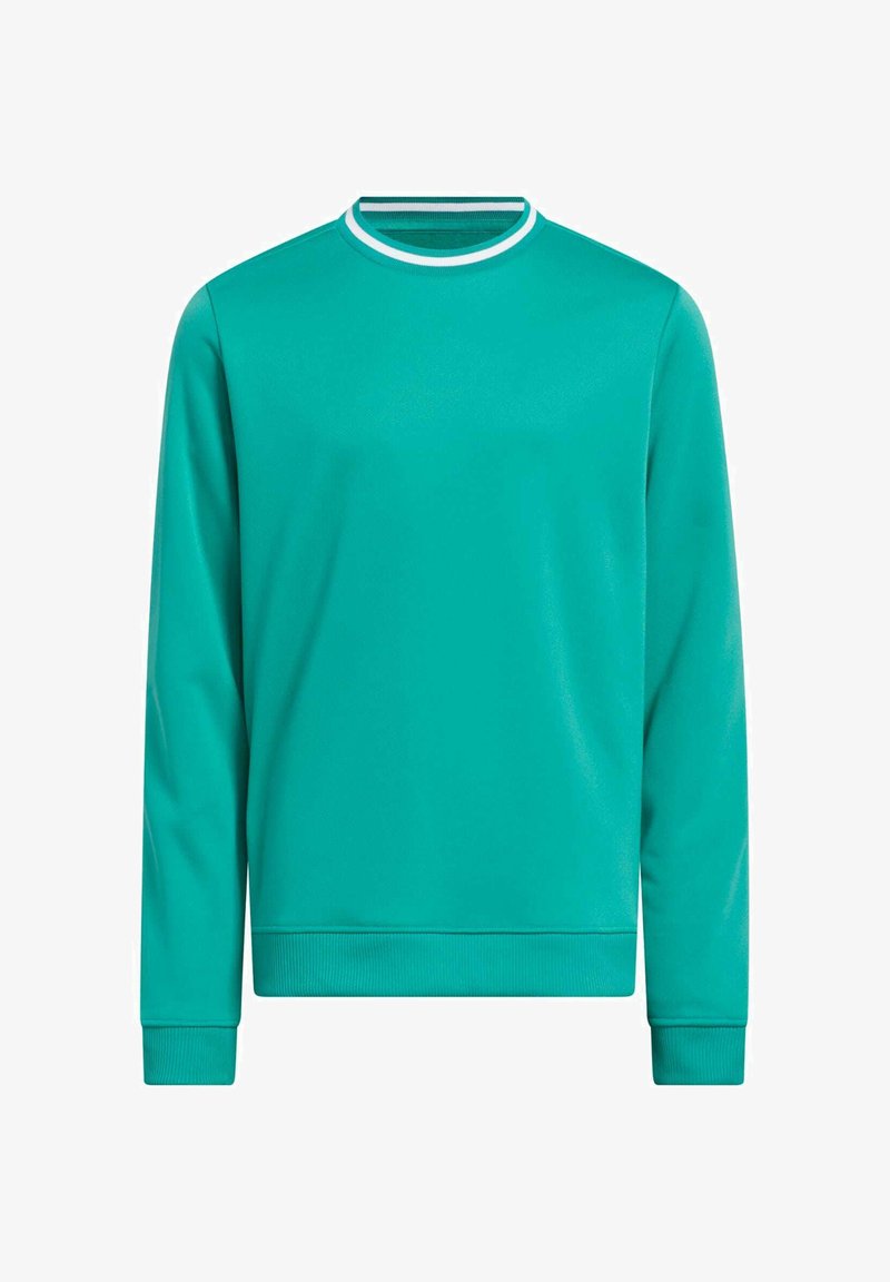 Sweat-shirt turquoise à manches longues avec col rond, orné d'un accent blanc côtelé au niveau du col et des poignets côtelés. Tissu lisse et léger.