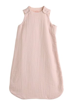 Hellrosa gesteppter ärmelloser Babyschlafsack mit Druckknöpfen an Schultern und Seiten für verstellbaren Verschluss.