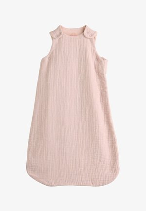 Hellrosa gesteppter ärmelloser Babyschlafsack mit Druckknöpfen an Schultern und Seiten für verstellbaren Verschluss.